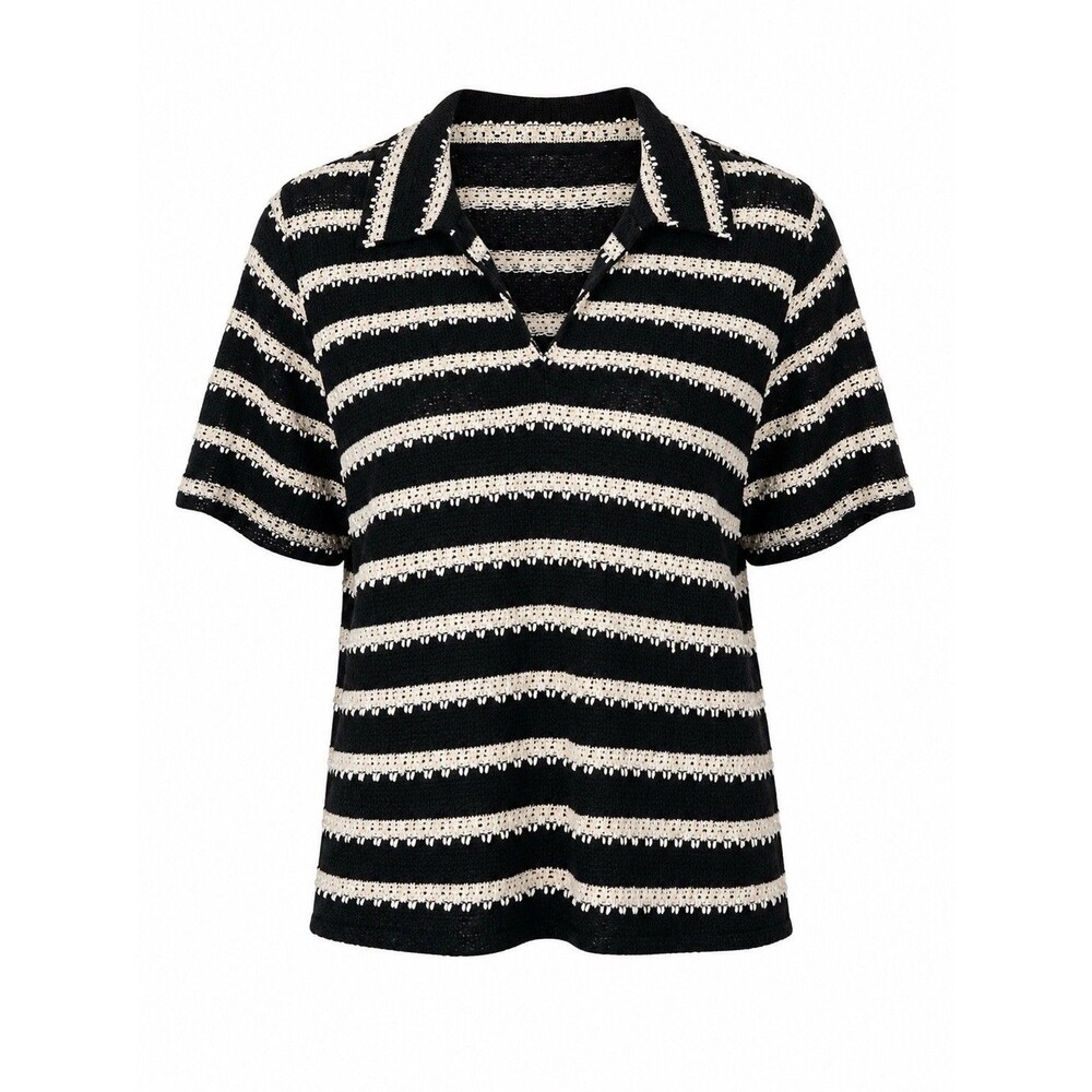 H&M Women’s Small Black Cream Striped Knit Polo Sweater Top Relaxed Short Sleeve